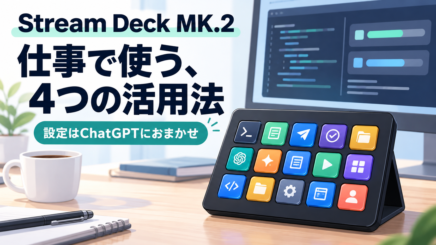 Stream Deck MK.2の仕事での4つの活用法を紹介するイラスト。15個のボタンを備えたデバイスと、AIの残量表示をイメージした画面。